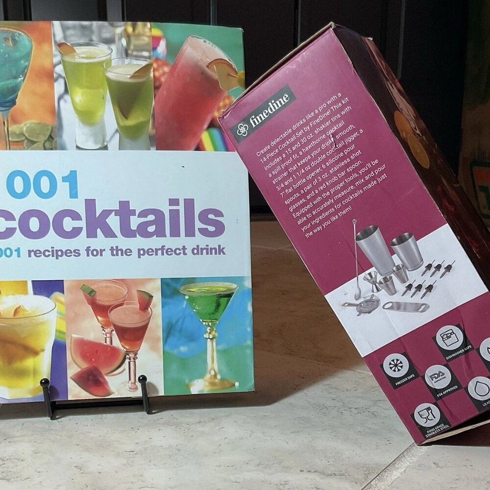 NWT 14 Stainless Steel Piece Bar Set by Finedine, Together With 1001 Cocktails